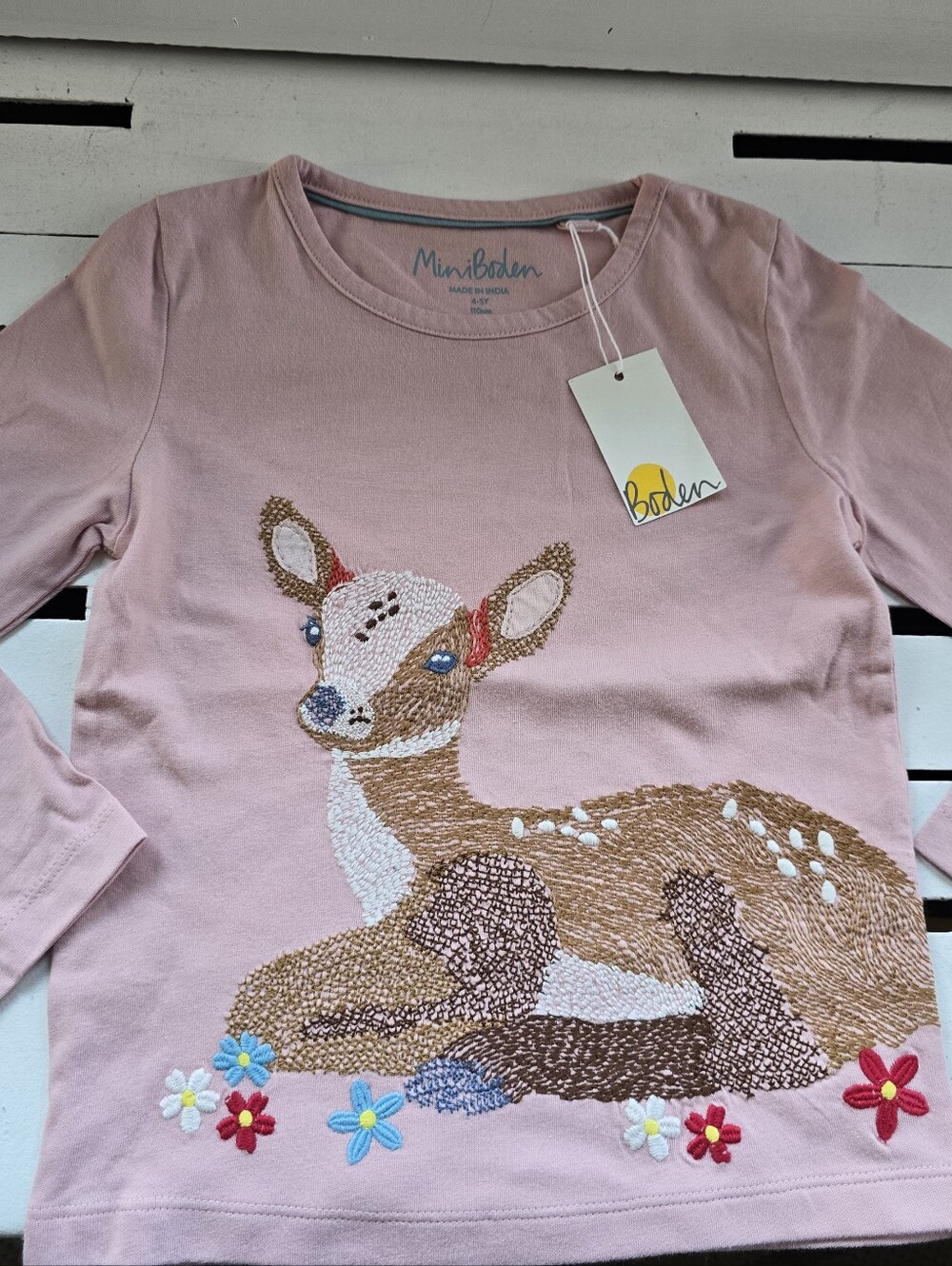 Mini Boden Pink Long-Sleeve Tee with Embroidered Fawn